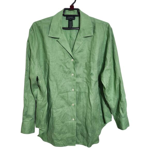 Lauren Ralph Lauren Linen Button Down Shirt 2X Green Embroidered Chest Logo RLL - Picture 2 of 7